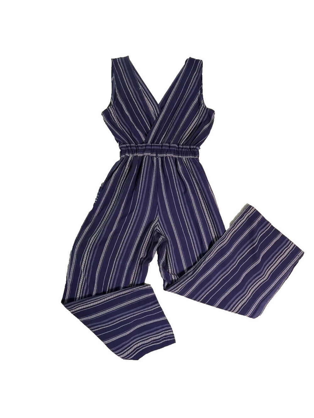 Monteau Los Angeles Jumpsuit Womens M Blue Striped Wide Leg Surplice Pockets - Picture 11 of 11
